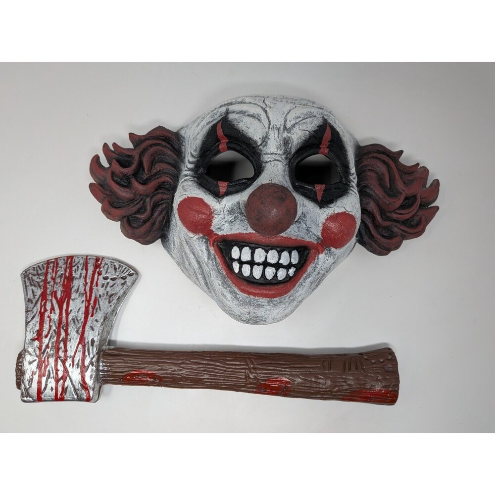 Evil Clown Half Mask & Bloody Axe Prop Set Halloween Horror Costume Cosplay